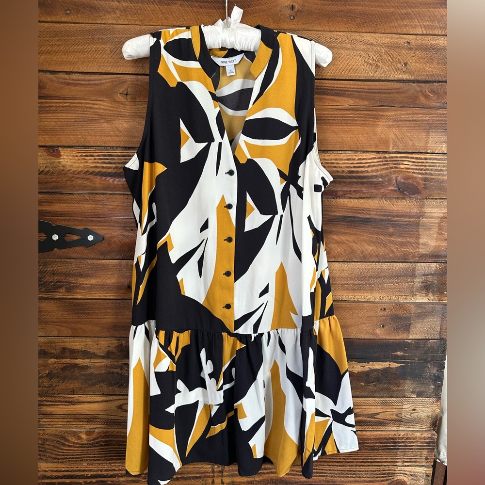 Nine West Black Yellow White Abstract Sleeveless Midi Dress